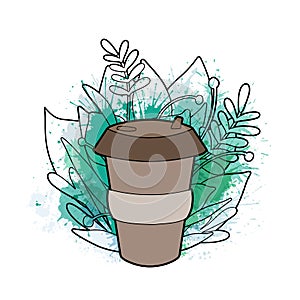 Zero waste items with green leaves. Outline illustration of bamboo coffee cup with foliage and green watercolor splash and spray.