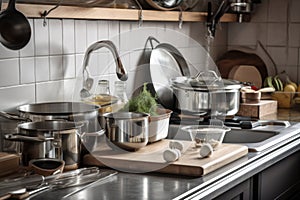 zero-waste kitchen with stainless steel pots, pans, and gadgets for cooking fresh and healthy meals