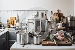 zero-waste kitchen with stainless steel pots, pans, and gadgets for cooking fresh and healthy meals