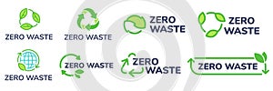 Zero waste labels. Green eco friendly label, reduce wastes and recycle icon with plant leaves vector set