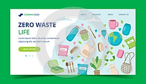 Zero waste landing page with ecological elements - waste sorting, reusable cups, cotton shopping bag, toiletries