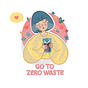 Zero waste lifestyle banner. Eco friendly concept with cute girl character. Woman with reusable glass jar for shopping