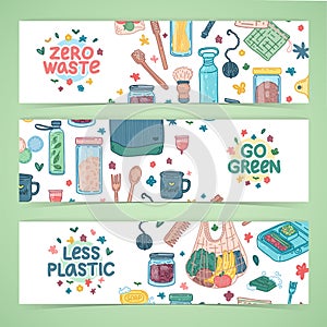 Zero waste lifestyle design. Eco friendly banner concept with recyclable and reusable products. Create lees waste