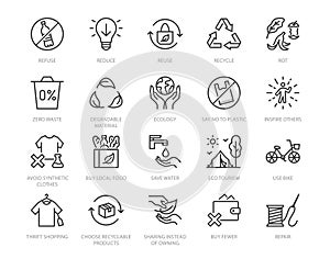 Zero waste lifestyle flat line icons set. Refuse, reduce, reuse, recycle, leaves circle, save water, planet, eco tourism