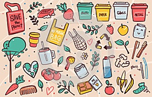 Zero waste lifestyle flat vector illustrations set