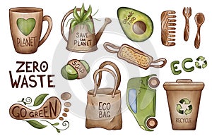 Zero waste lifestyle isolated objects with lettering. Ecological, recycle, reused