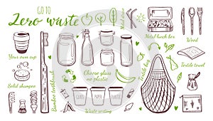 Zero waste lifestyle vector hand drawn set. Collection of eco and natural elements. Go green concept