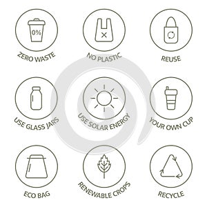 Zero waste line icons set. Recycle, reuse, reduce logo. Eco, bio pictogram. Ecology concept. Sustainable package. Save