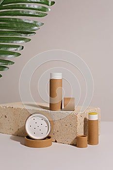 Zero Waste Lipstick packaging. Lip balm tube made of paper. Blank label mock up. Copy space for text