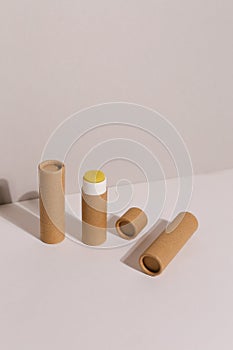 Zero Waste Lipstick packaging. Lip balm tube made of paper. Blank label mock up. Copy space for text