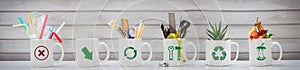 Zero Waste management, illustrated in 6 mugs with relevant contents and labels