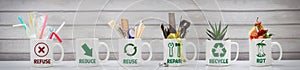 Zero Waste management, illustrated in 6 mugs with text and symbols