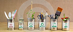 Zero Waste management, illustrated in 6 tin cans with labels and symbols