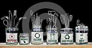 Zero Waste management, illustrated on chalkboard in 6 jars