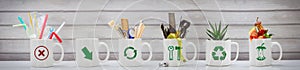 Zero Waste management, illustrated in 6 mugs with relevant contents and labels photo
