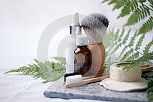 Zero waste natural cosmetics products on marble desk, organic plantbased cosmetic concept, eco-friendly background, minimal