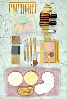 Zero-waste, plastic-free beauty and makeup products flatlay overhead.