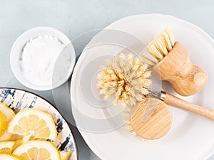 Zero waste plastic free dish house washing brush and natural cleaning product lemon and baking soda