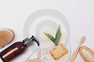 Zero waste plastic free home tools and items on white background.