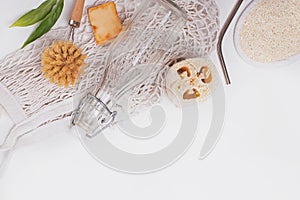 Zero waste plastic free home tools and items on white background.