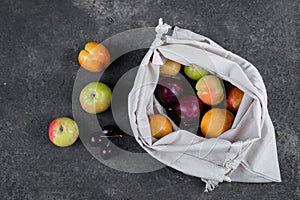 Zero waste, plastic free recycled textile produce bag for carrying fruit apple, pear, plum, cherry