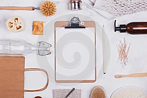 Zero waste plastic free tools and items on white background.