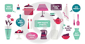 Zero waste products. Reusable cutlery food and containers, trendy hand drawn ecology banners with quotes and grocery photo