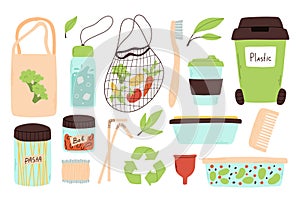 Zero waste set. Collection of environmental elements. Vector illustration.Flat style.