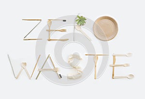 Zero waste a set of cutlery made of wood, bamboo, forks, knife, dishes. rejection of plastic, waste reduction. reusable