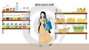 Zero waste shop and an Asian girl with a blue fabric eco shopping bag