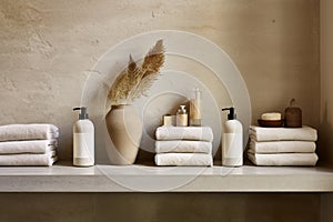 Zero waste spa soap, lotion dispensers, linen towel, dry shampoo on oak kinfolk style concept