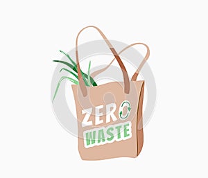 Zero waste. Store bag with green product and motivational type lettering quote text. Ecology poster for eco friendly