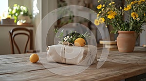 Zero-waste summer gift wrapping on rustic table .