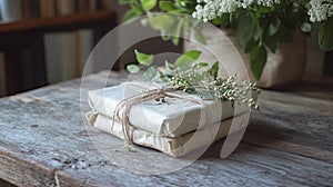 Zero-waste summer gift wrapping on rustic table .
