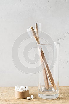 Zero waste, sustainability and minimalism concept. Wooden ecological bathroom accessories on white background