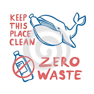 ZERO WASTE AND WHALE Eco Problem Vector Illustration Set