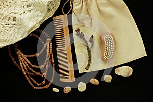 Zero waste women& x27;s accessories, natural brush, wooden hair comb and beads, straw hat, reusable cotton hand made bag