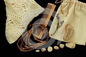 Zero waste women& x27;s accessories, natural brush, wooden hair comb and beads, straw hat, reusable cotton hand made bag