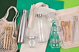 Zero waste Zero waste eco friendly reusable objects such as linen shopping bags and glass jars