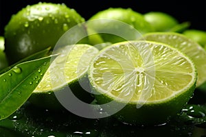 Zestful Green Lime slice, water droplet backdrop, radiating freshness