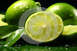Zestful Green Lime slice, water droplet backdrop, radiating freshness