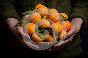 Zesty Mandarin fruits hands. Generate Ai photo