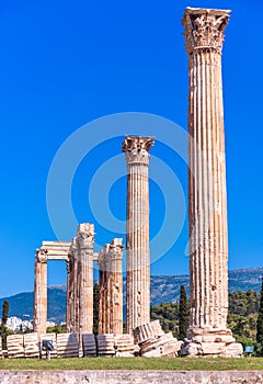 Zeus temple with fallen column, majestic old classical Greek ruins in Athens, Greece