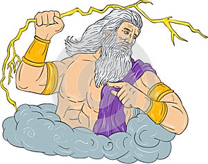 Zeus Wielding Thunderbolt Lightning Drawing