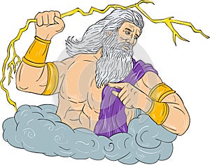 Zeus Wielding Thunderbolt Lightning Drawing photo