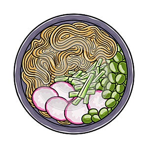 Zha jiang mian. Noodles with a rich, meaty sauce, topped with fermneted soy bean paste and fresh cucumber. Chinese food. Vector