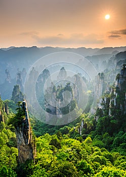 Zhangjiajie National forest park at sunset, Wulingyuan, Hunan,