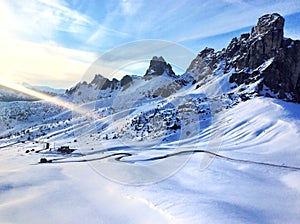 Zhao pass in the Dolomites in winter.