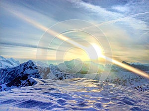 Zhao pass in the Italian Alps in winter at sunset