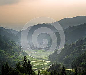 Zhaoxing Chinese Village at sunset